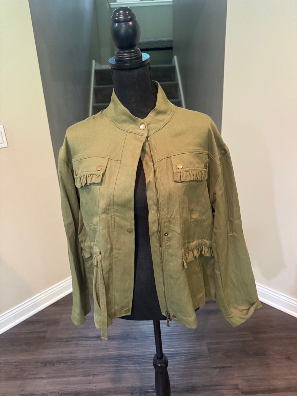 Anthropologie Olive Utility Jacket with Ruffle Pocket Details